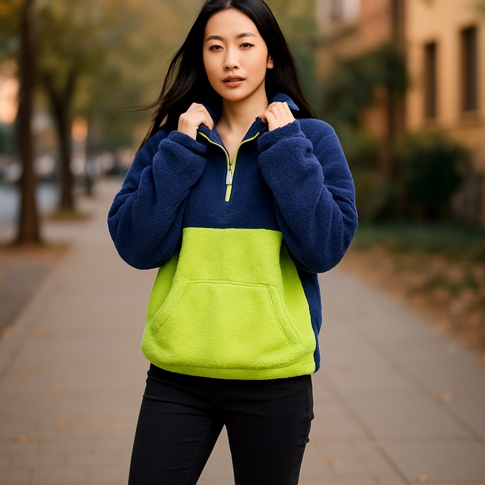 NWT Outerknown Active Sherpa 1/2 Zip Fleece Pullover Neon Green Navy